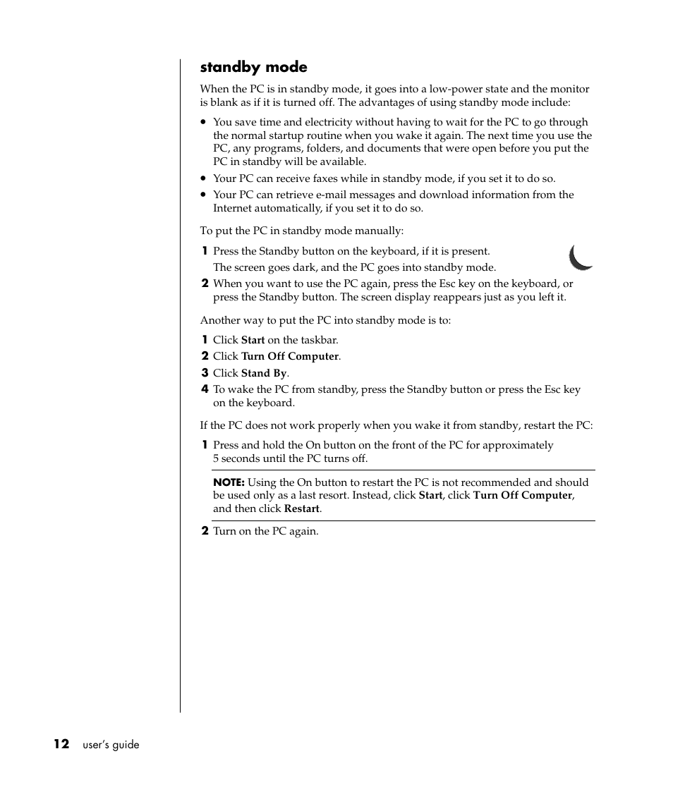 Standby mode | Compaq PRESARIO S0000 User Manual | Page 19 / 123