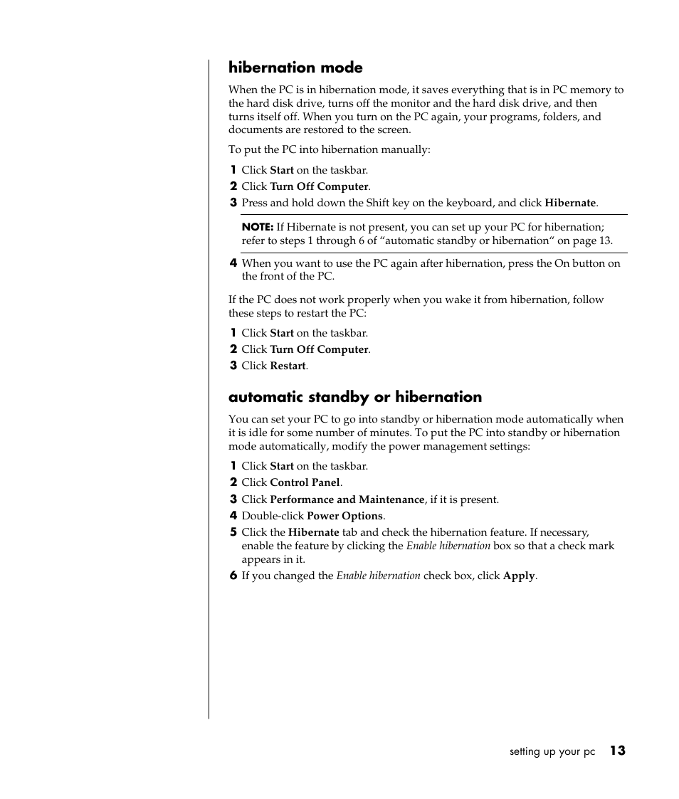 Hibernation mode, Automatic standby or hibernation | Compaq PRESARIO S0000 User Manual | Page 20 / 123