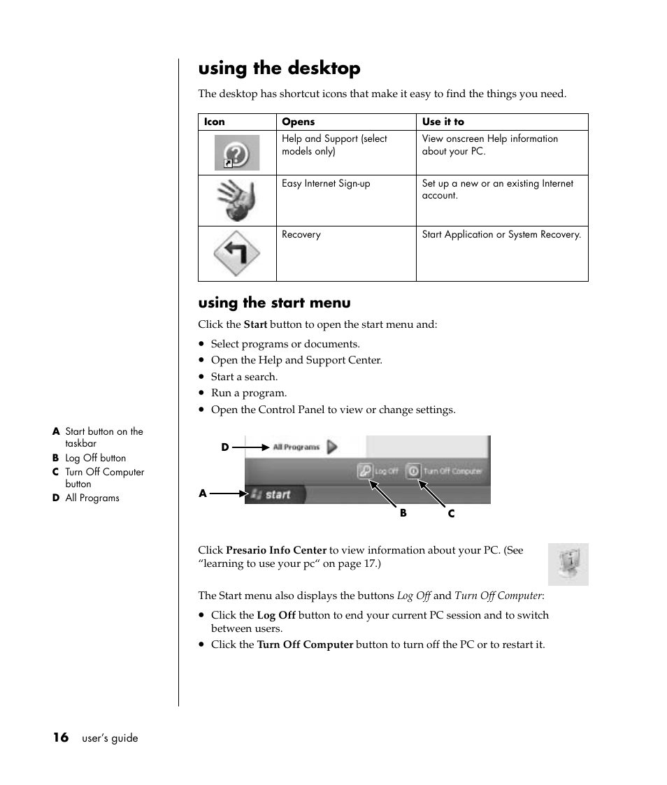Using the desktop, Using the start menu | Compaq PRESARIO S0000 User Manual | Page 23 / 123