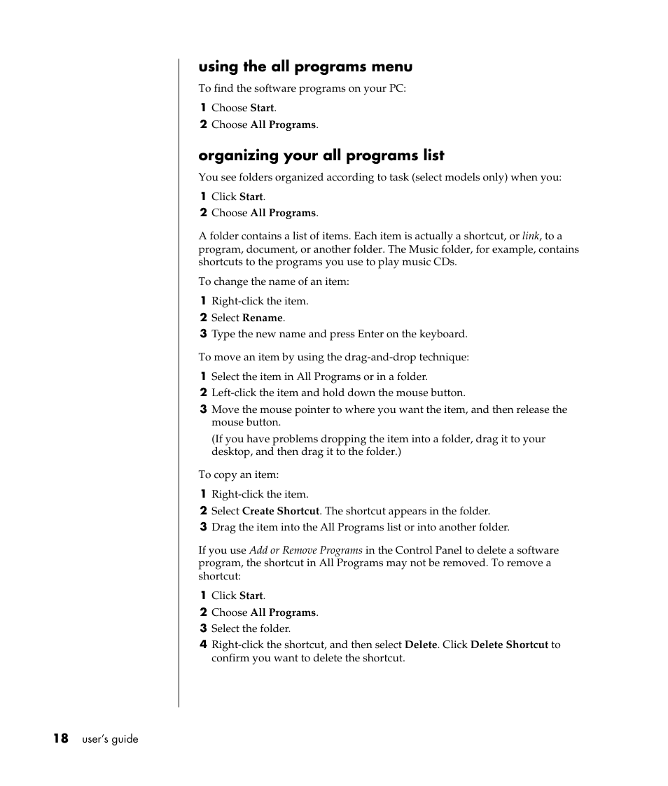 Using the all programs menu, Organizing your all programs list | Compaq PRESARIO S0000 User Manual | Page 25 / 123