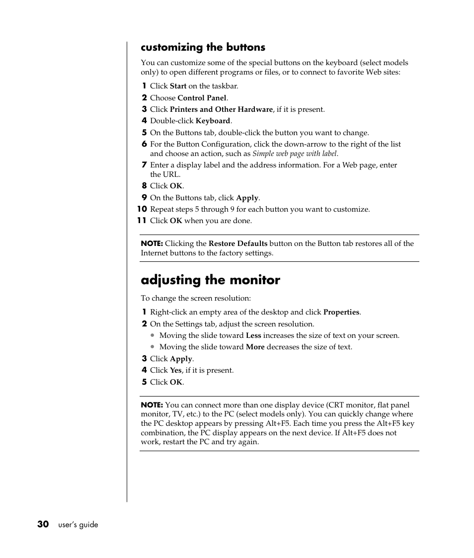 Adjusting the monitor, Customizing the buttons | Compaq PRESARIO S0000 User Manual | Page 37 / 123