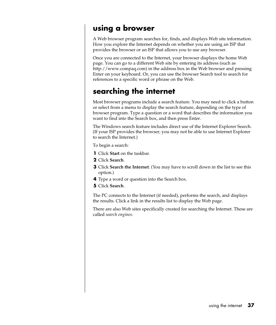 Using a browser, Searching the internet | Compaq PRESARIO S0000 User Manual | Page 44 / 123