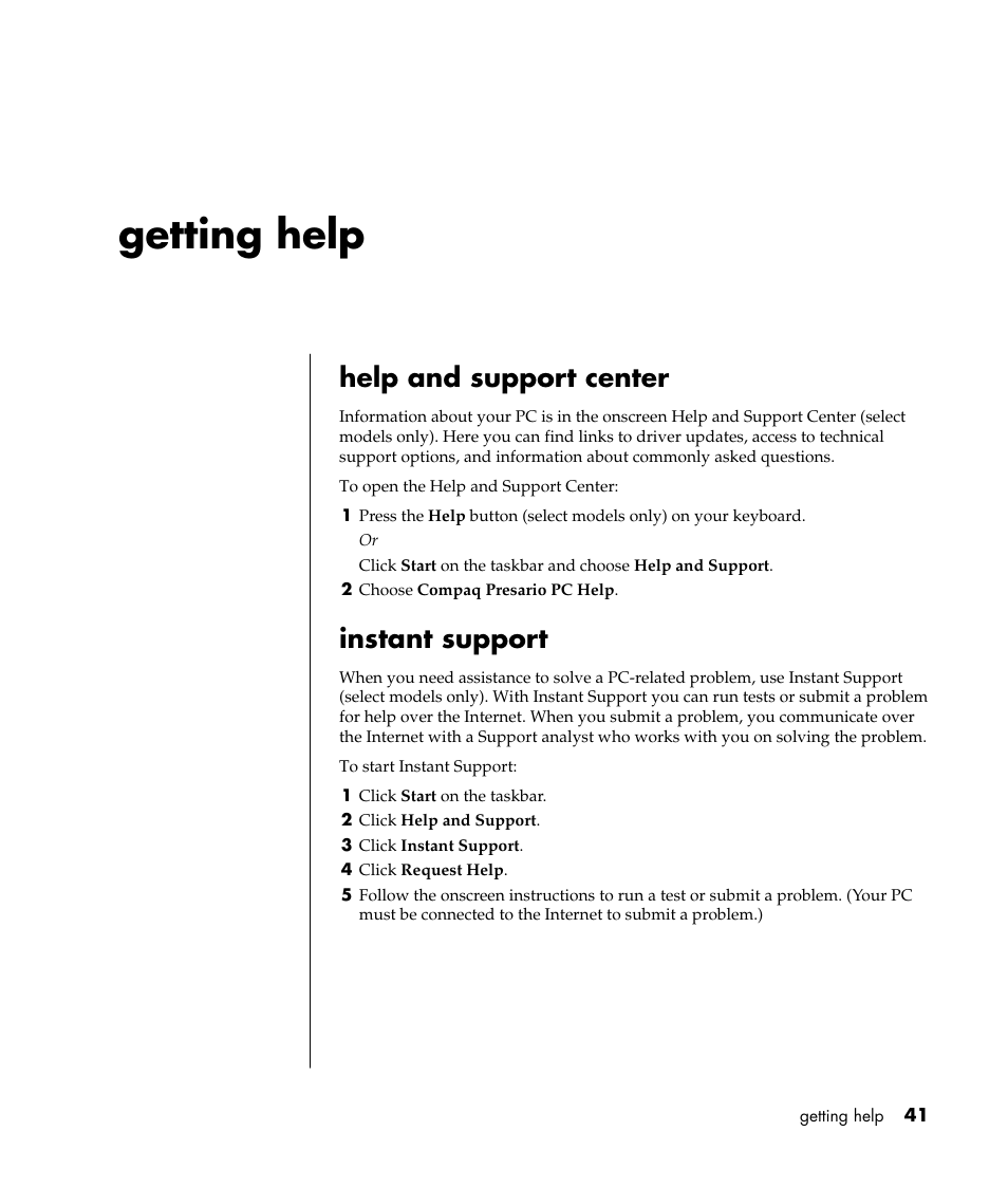Getting help, Help and support center, Instant support | Compaq PRESARIO S0000 User Manual | Page 48 / 123