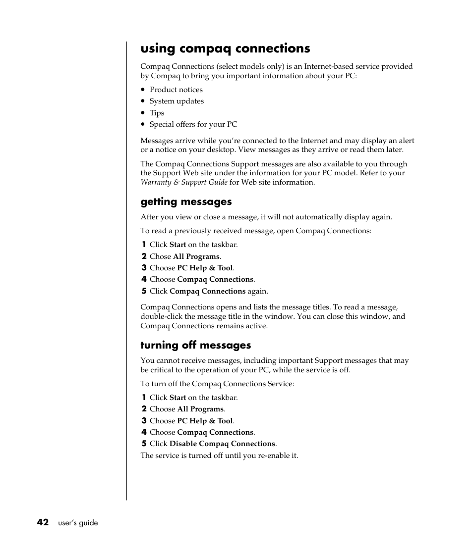 Using compaq connections, Getting messages, Turning off messages | Compaq PRESARIO S0000 User Manual | Page 49 / 123