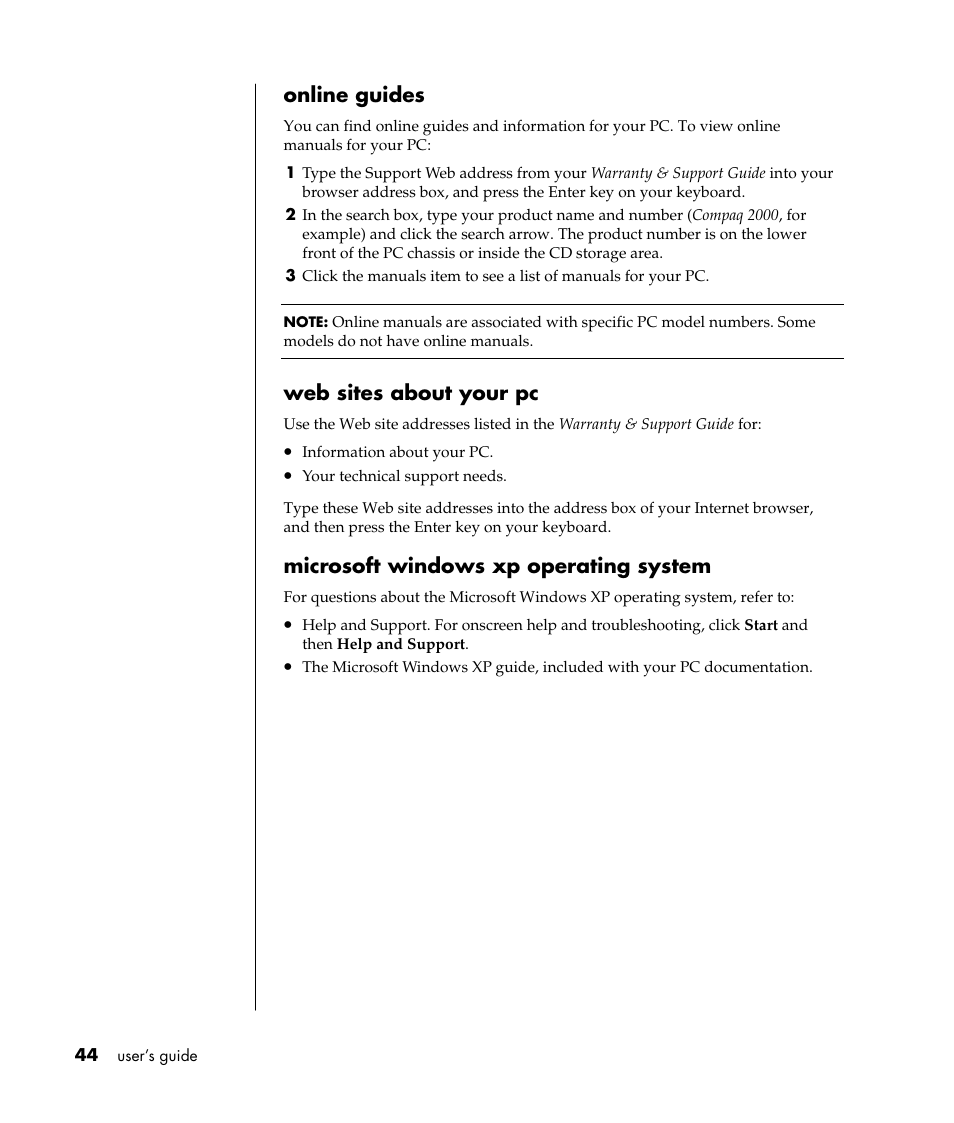 Online guides, Web sites about your pc, Microsoft windows xp operating system | Compaq PRESARIO S0000 User Manual | Page 51 / 123