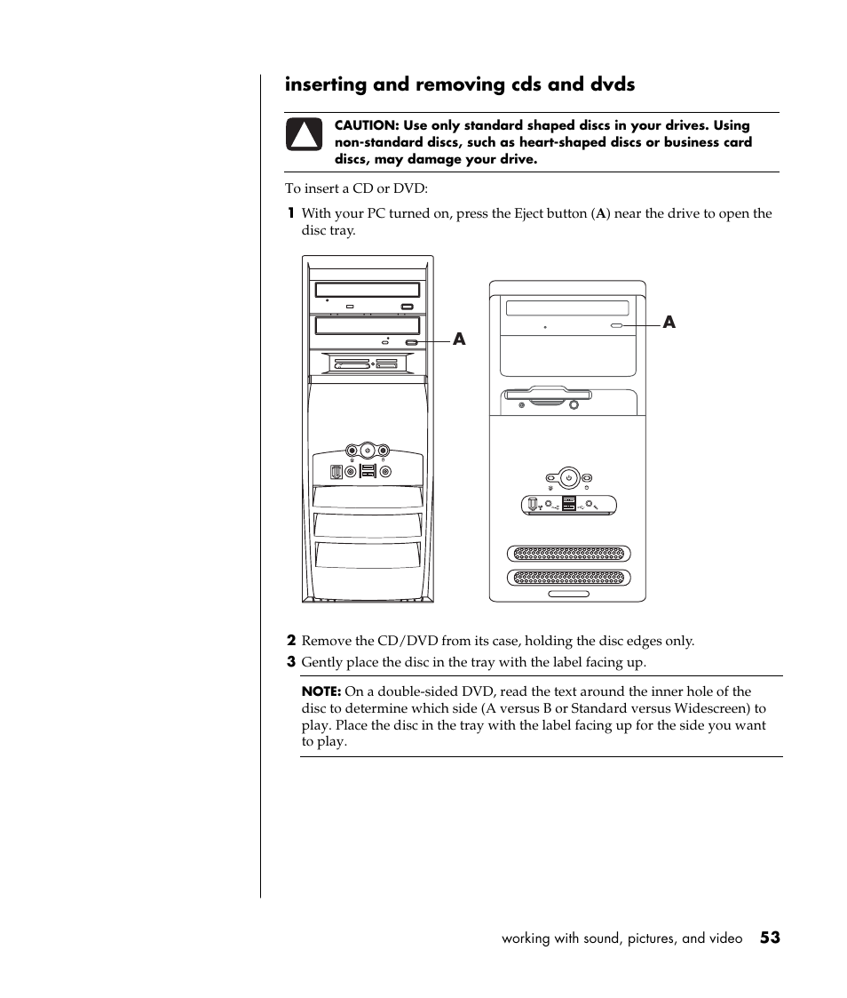 Inserting and removing cds and dvds | Compaq PRESARIO S0000 User Manual | Page 60 / 123