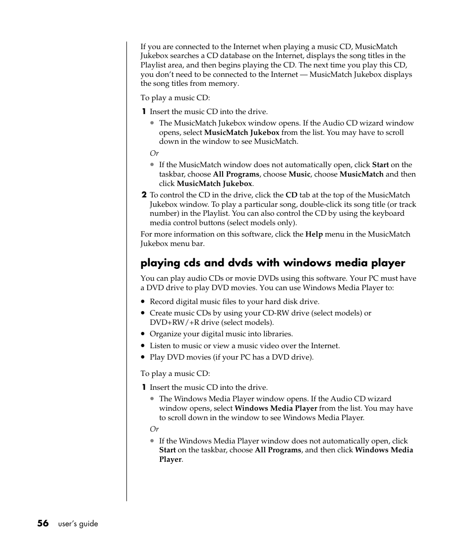 Playing cds and dvds with windows media player | Compaq PRESARIO S0000 User Manual | Page 63 / 123