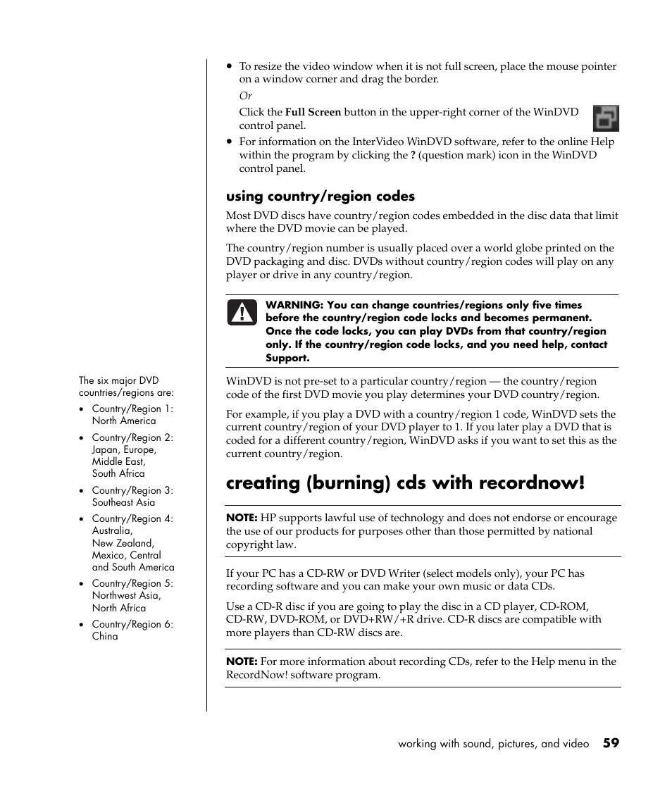 Creating (burning) cds with recordnow | Compaq PRESARIO S0000 User Manual | Page 66 / 123
