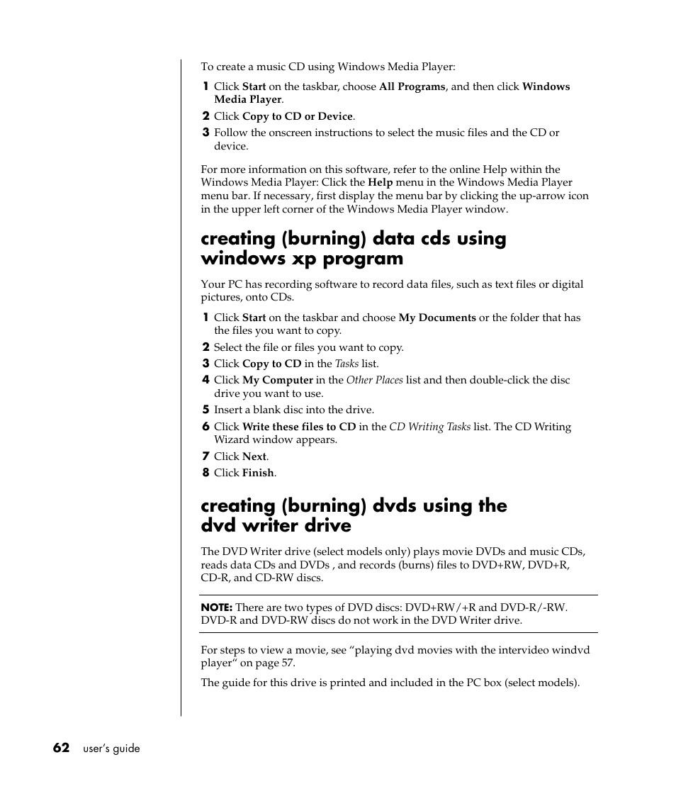 Creating (burning) dvds using the dvd writer drive | Compaq PRESARIO S0000 User Manual | Page 69 / 123
