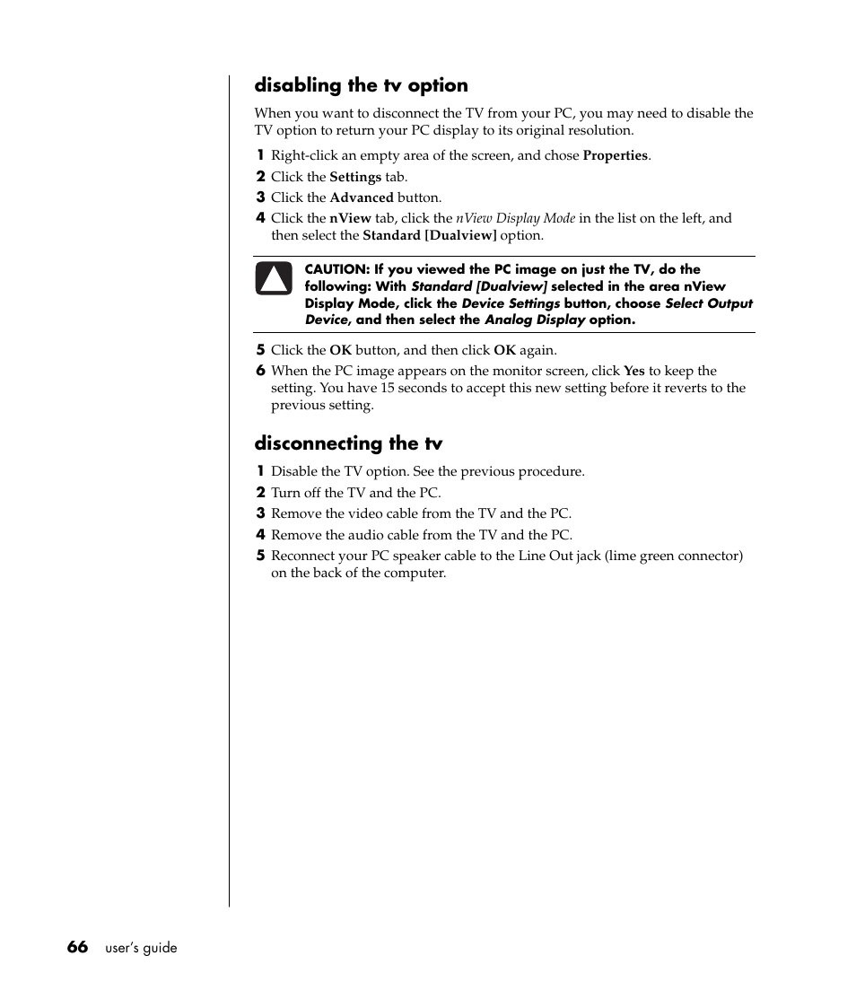 Disabling the tv option, Disconnecting the tv | Compaq PRESARIO S0000 User Manual | Page 73 / 123