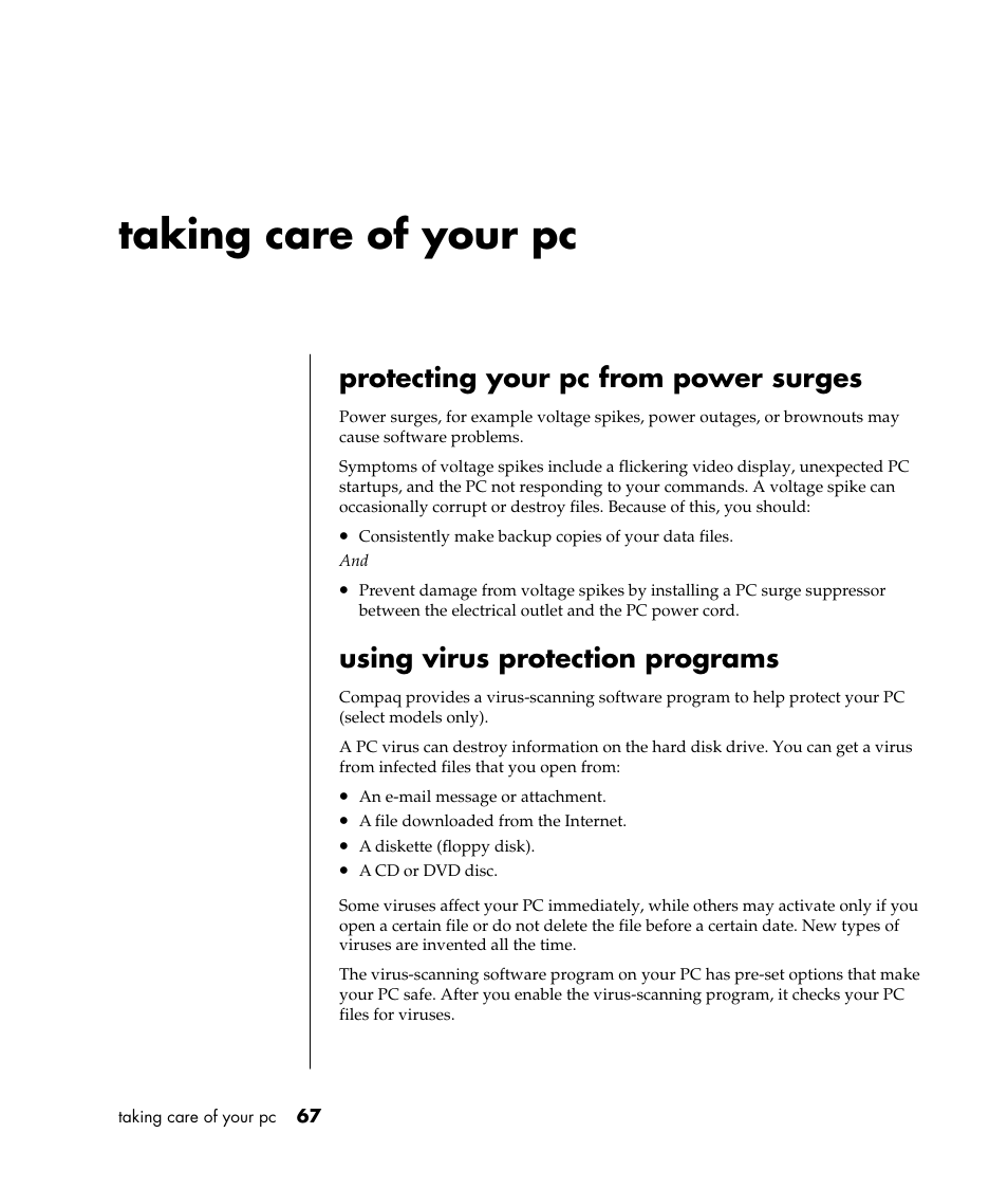 Taking care of your pc, Protecting your pc from power surges, Using virus protection programs | Compaq PRESARIO S0000 User Manual | Page 74 / 123