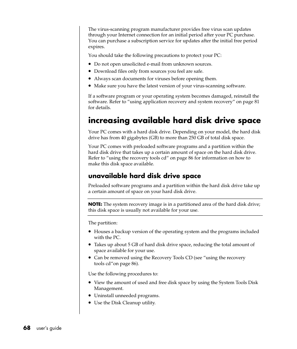 Increasing available hard disk drive space, Unavailable hard disk drive space | Compaq PRESARIO S0000 User Manual | Page 75 / 123