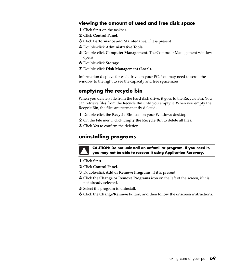 Emptying the recycle bin, Uninstalling programs | Compaq PRESARIO S0000 User Manual | Page 76 / 123
