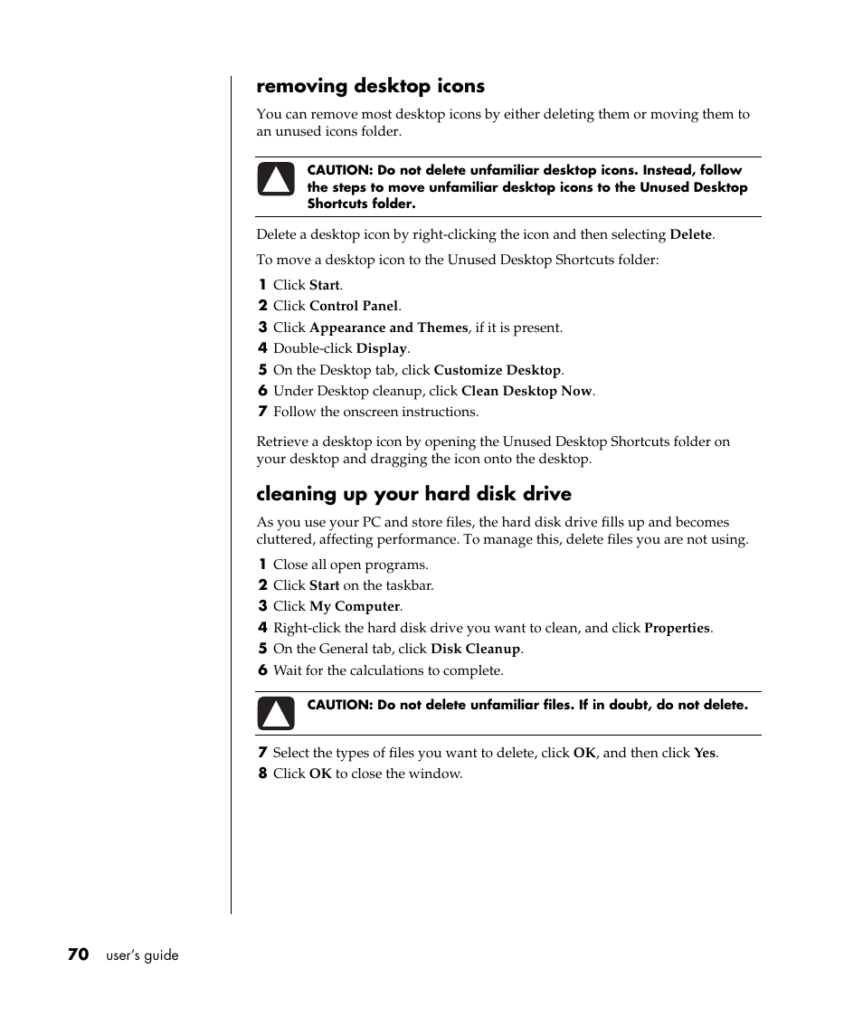 Removing desktop icons, Cleaning up your hard disk drive | Compaq PRESARIO S0000 User Manual | Page 77 / 123