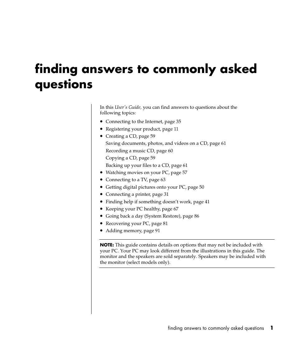 Finding answers to commonly asked questions | Compaq PRESARIO S0000 User Manual | Page 8 / 123