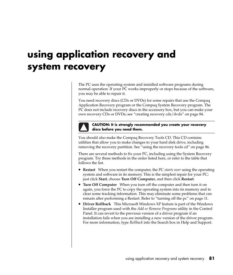 Using application recovery and system recovery | Compaq PRESARIO S0000 User Manual | Page 88 / 123