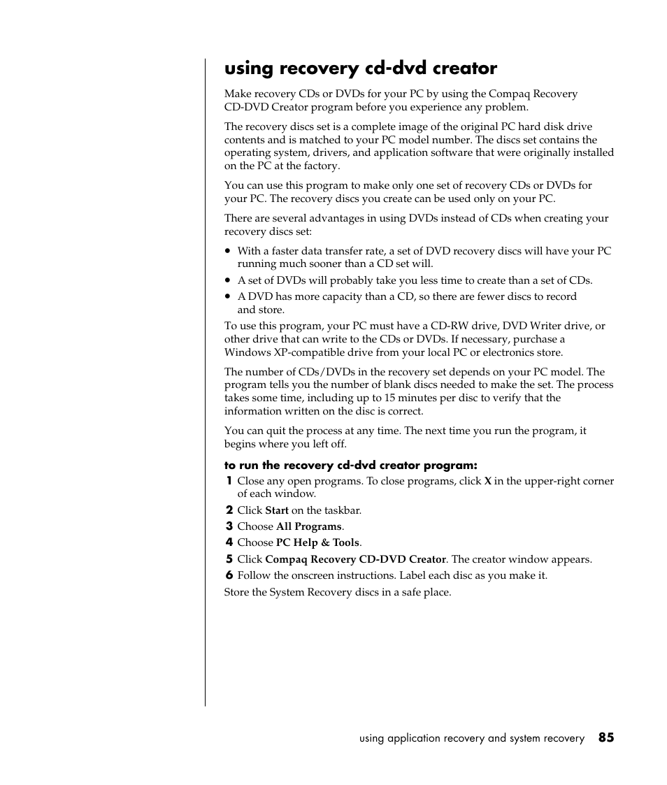 Using recovery cd-dvd creator | Compaq PRESARIO S0000 User Manual | Page 92 / 123