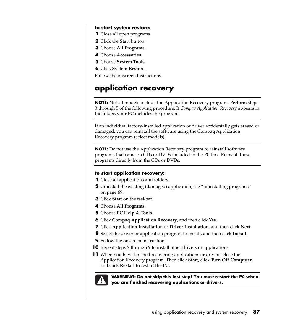 Application recovery | Compaq PRESARIO S0000 User Manual | Page 94 / 123