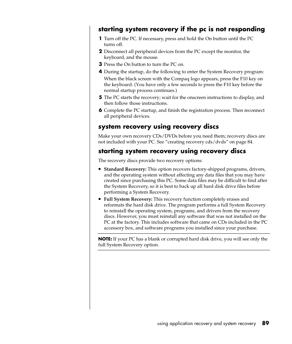 System recovery using recovery discs, Starting system recovery using recovery discs | Compaq PRESARIO S0000 User Manual | Page 96 / 123