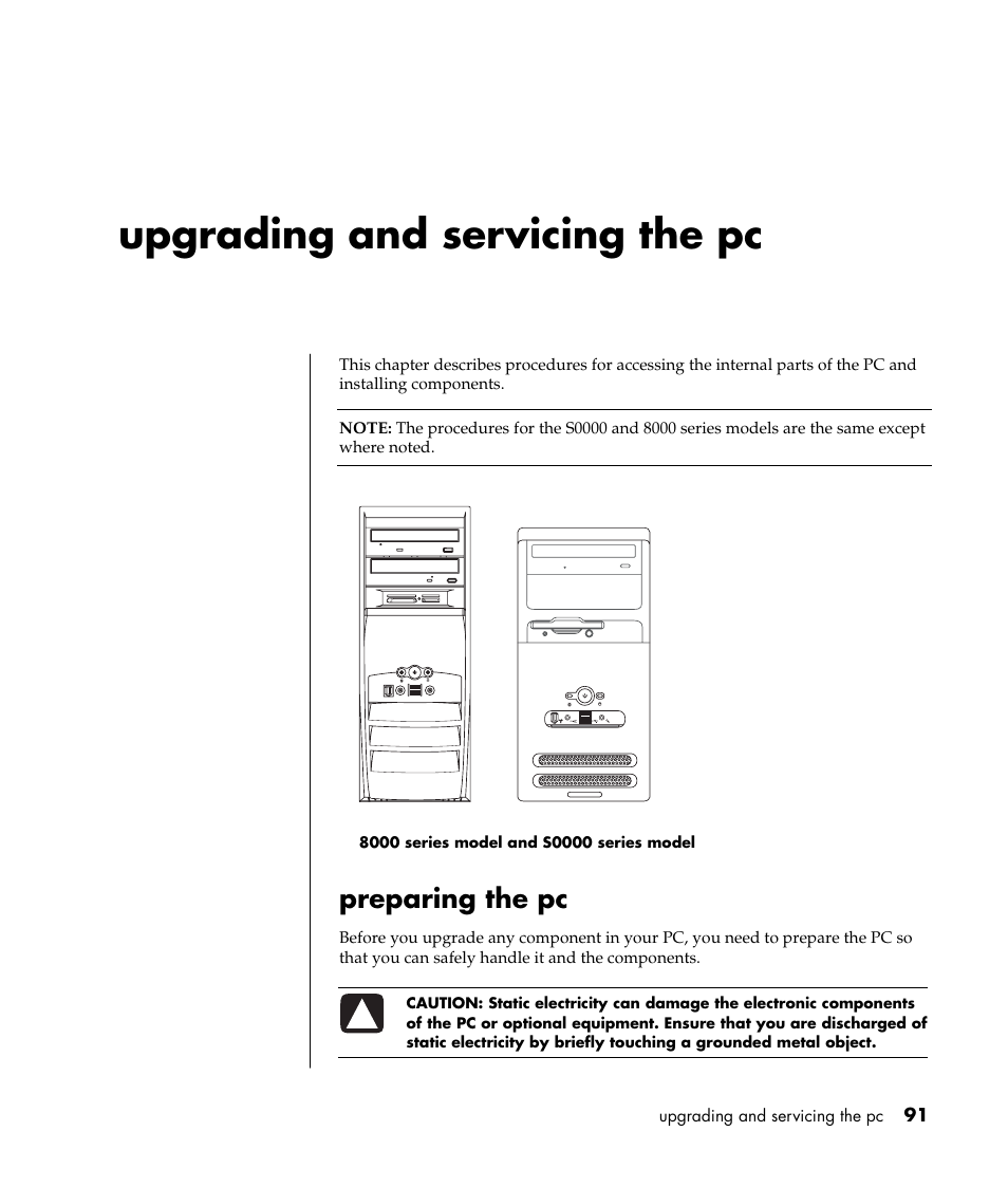 Upgrading and servicing the pc, Preparing the pc | Compaq PRESARIO S0000 User Manual | Page 98 / 123