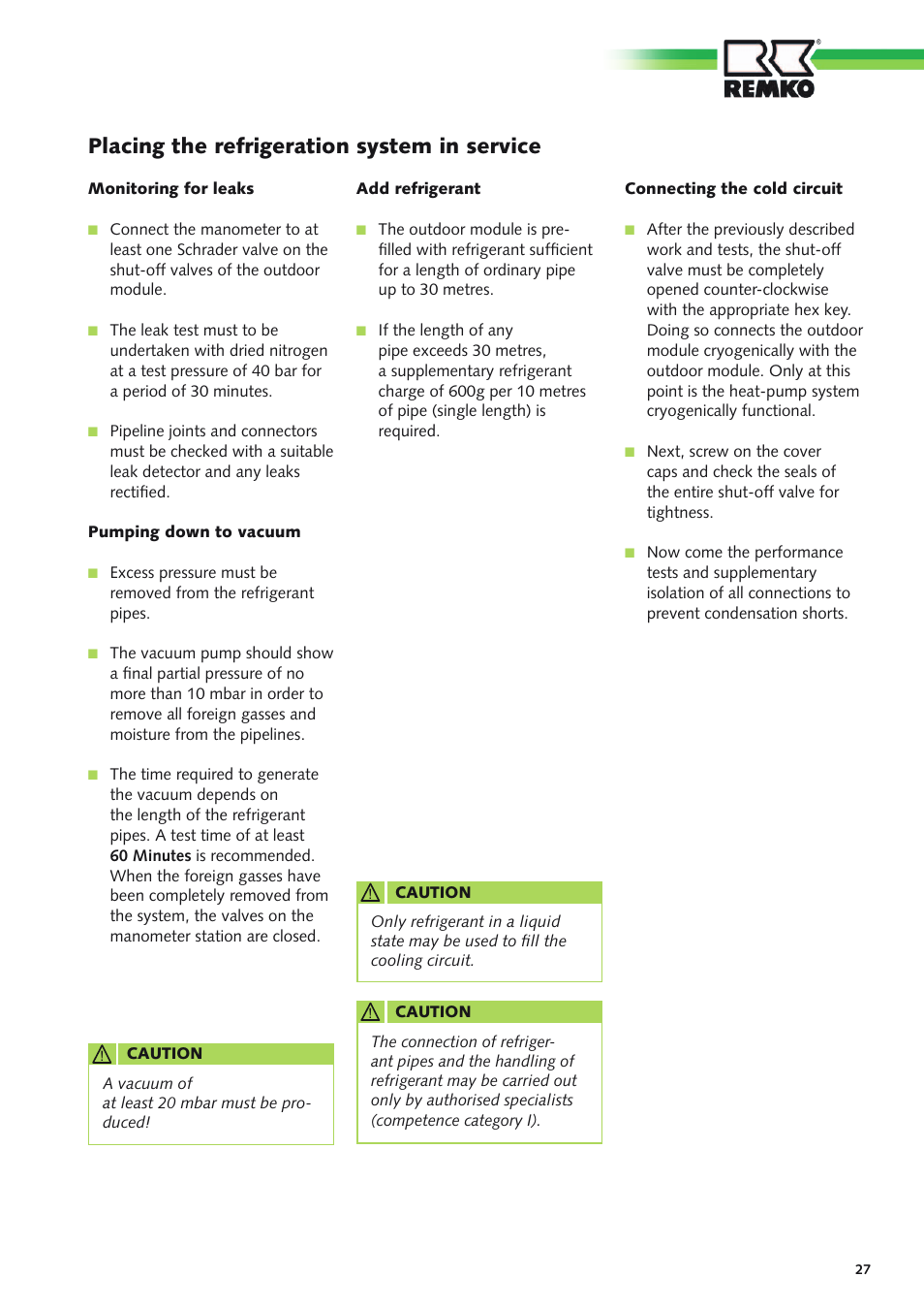 Placing the refrigeration system in service | REMKO CMF-120-1P User Manual | Page 27 / 68