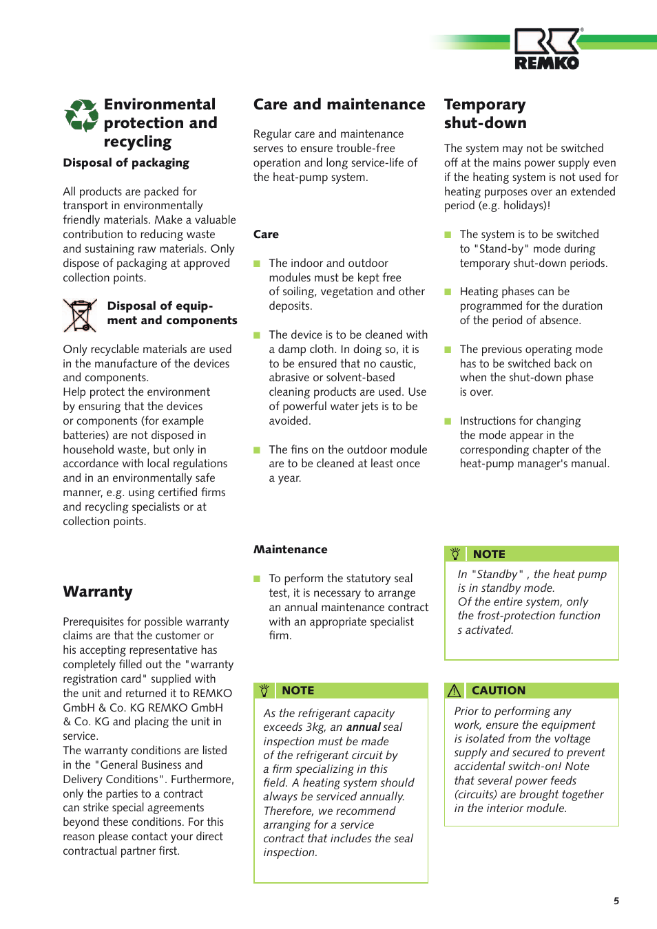 Care and maintenance, Temporary shut-down, Warranty | Environmental protection and recycling | REMKO CMF-120-1P User Manual | Page 5 / 68