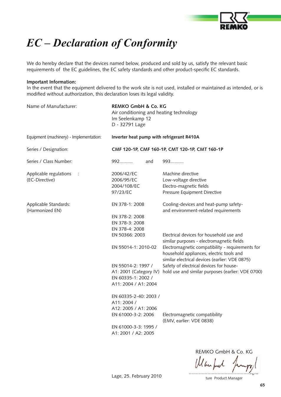 Ec – declaration of conformity | REMKO CMF-120-1P User Manual | Page 65 / 68