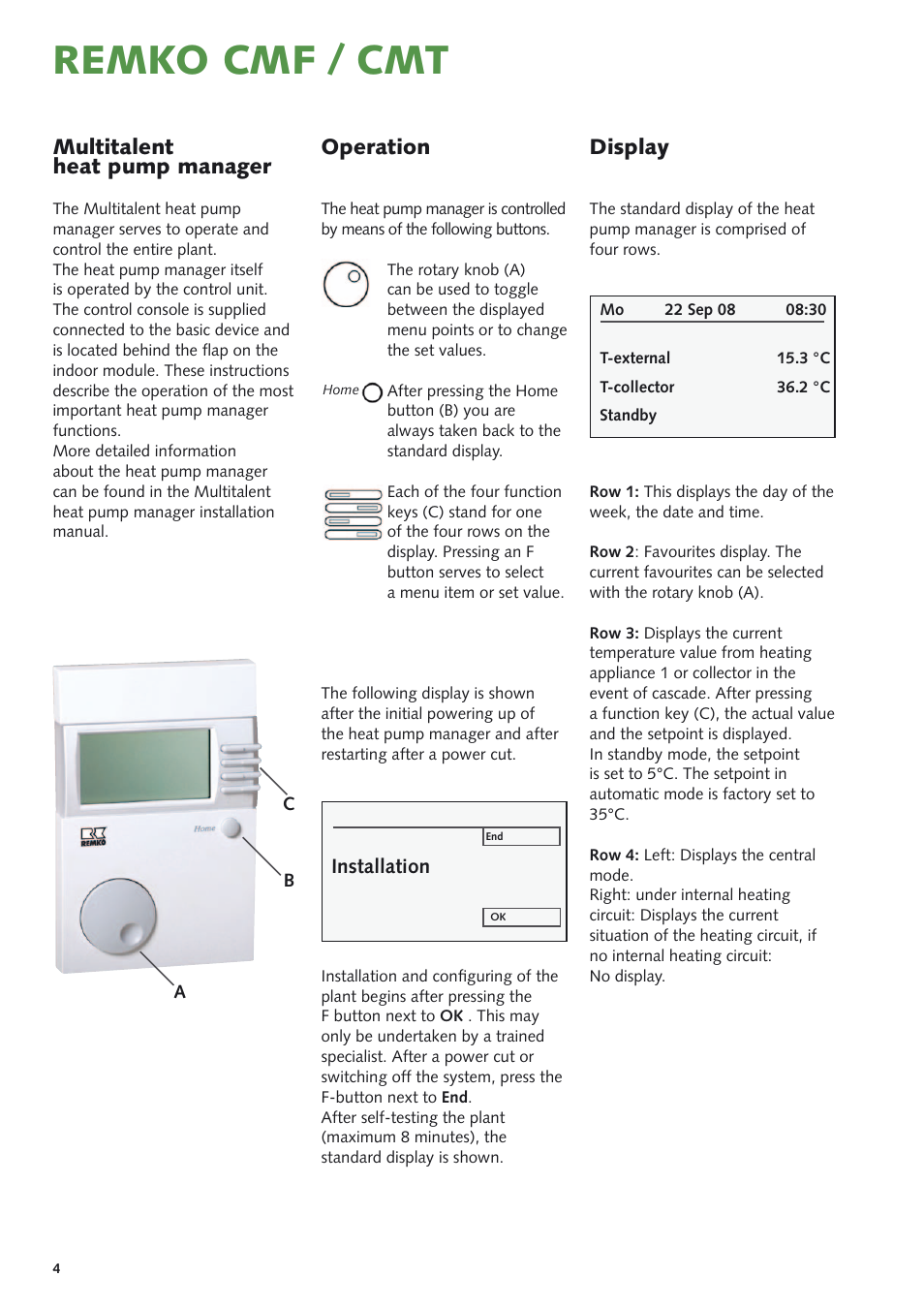 Remko cmf / cmt, Multitalent heat pump manager, Display operation | Installation | REMKO CMF-80 v.1 User Manual | Page 4 / 12