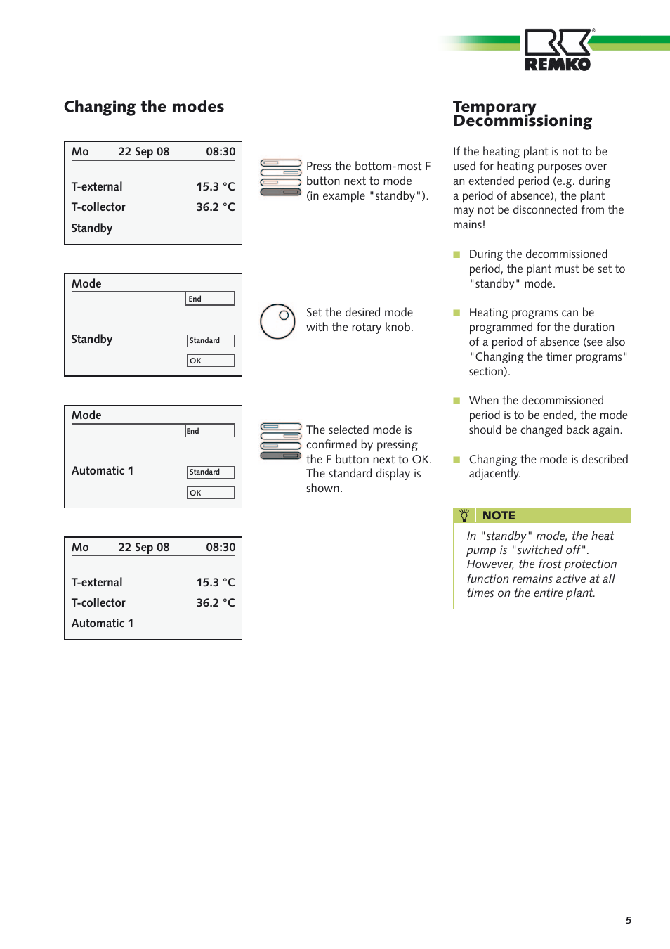 Temporary decommissioning, Changing the modes | REMKO CMF-80 v.1 User Manual | Page 5 / 12