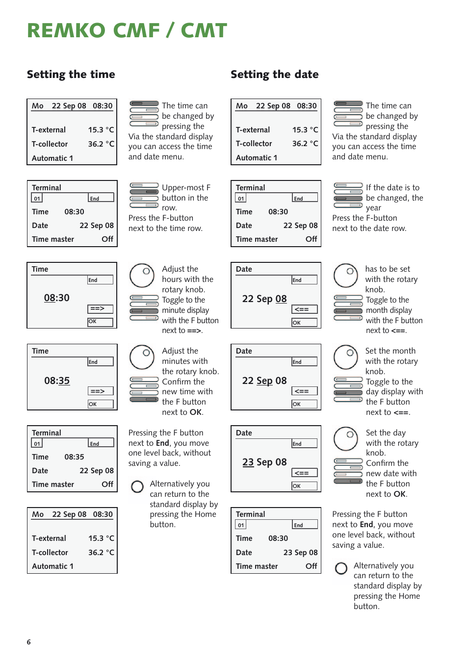Remko cmf / cmt, Setting the date, Setting the time | 22 sep 08, 23 sep 08 | REMKO CMF-80 v.1 User Manual | Page 6 / 12