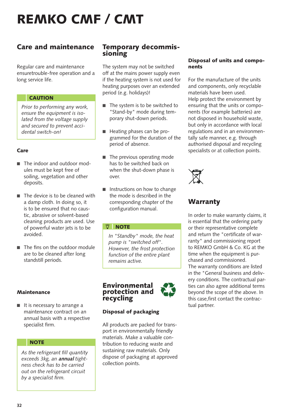 Remko cmf / cmt, Care and maintenance, Temporary decommis- sioning | Environmental protection and recycling warranty | REMKO CMF-80 v.2 User Manual | Page 32 / 44