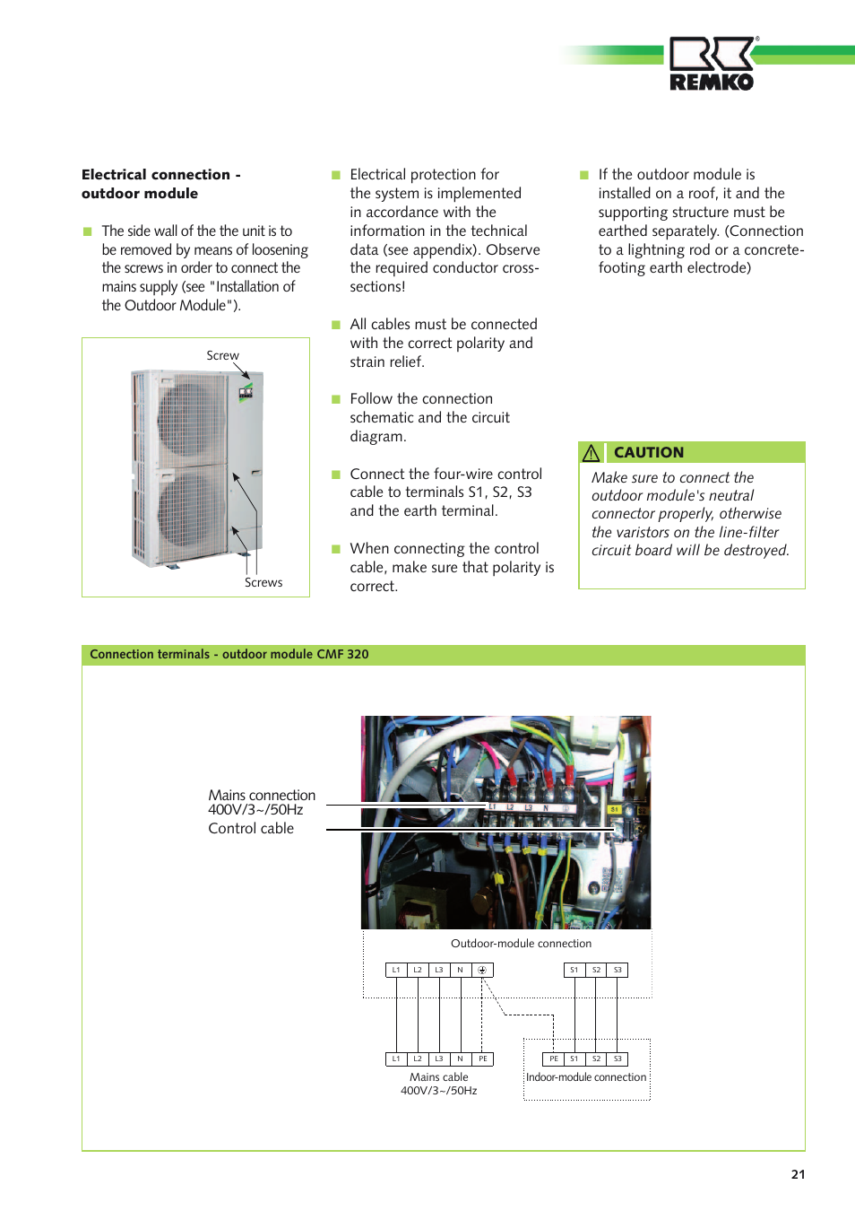 Electrical connection - outdoor module, Caution | REMKO CMF 320 Duo User Manual | Page 21 / 60
