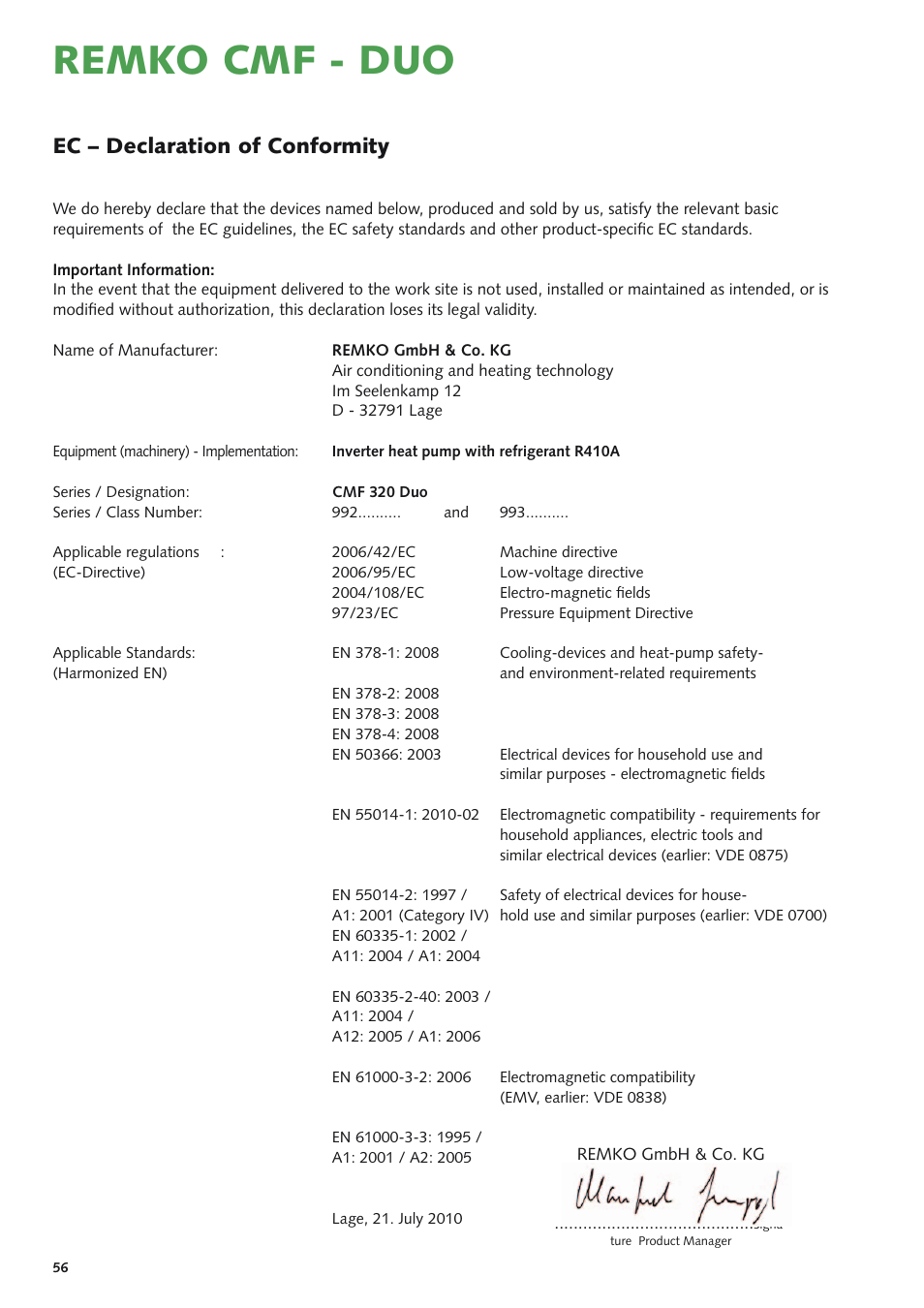Remko cmf - duo, Ec – declaration of conformity | REMKO CMF 320 Duo User Manual | Page 56 / 60