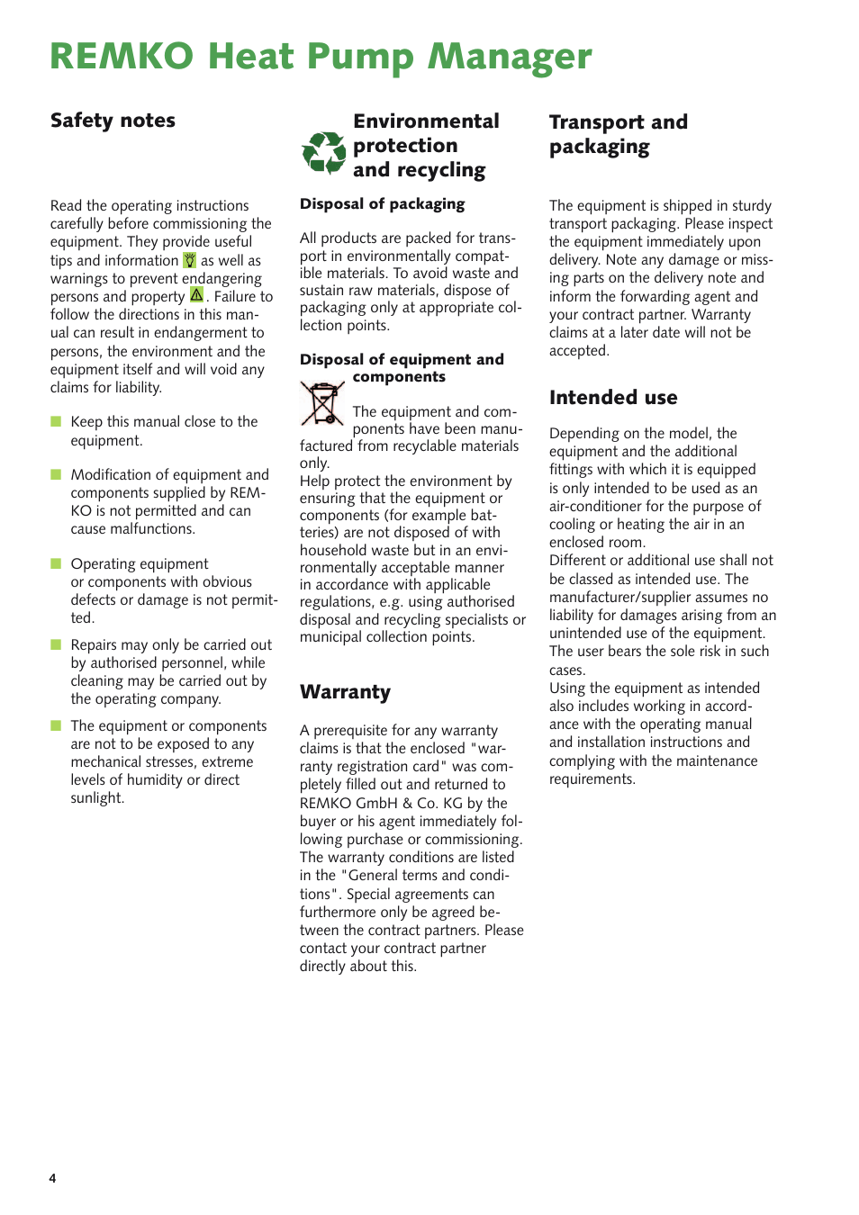 Remko heat pump manager, Environmental protection and recycling, Transport and packaging | Intended use | REMKO Multi-talent Plus User Manual | Page 4 / 64