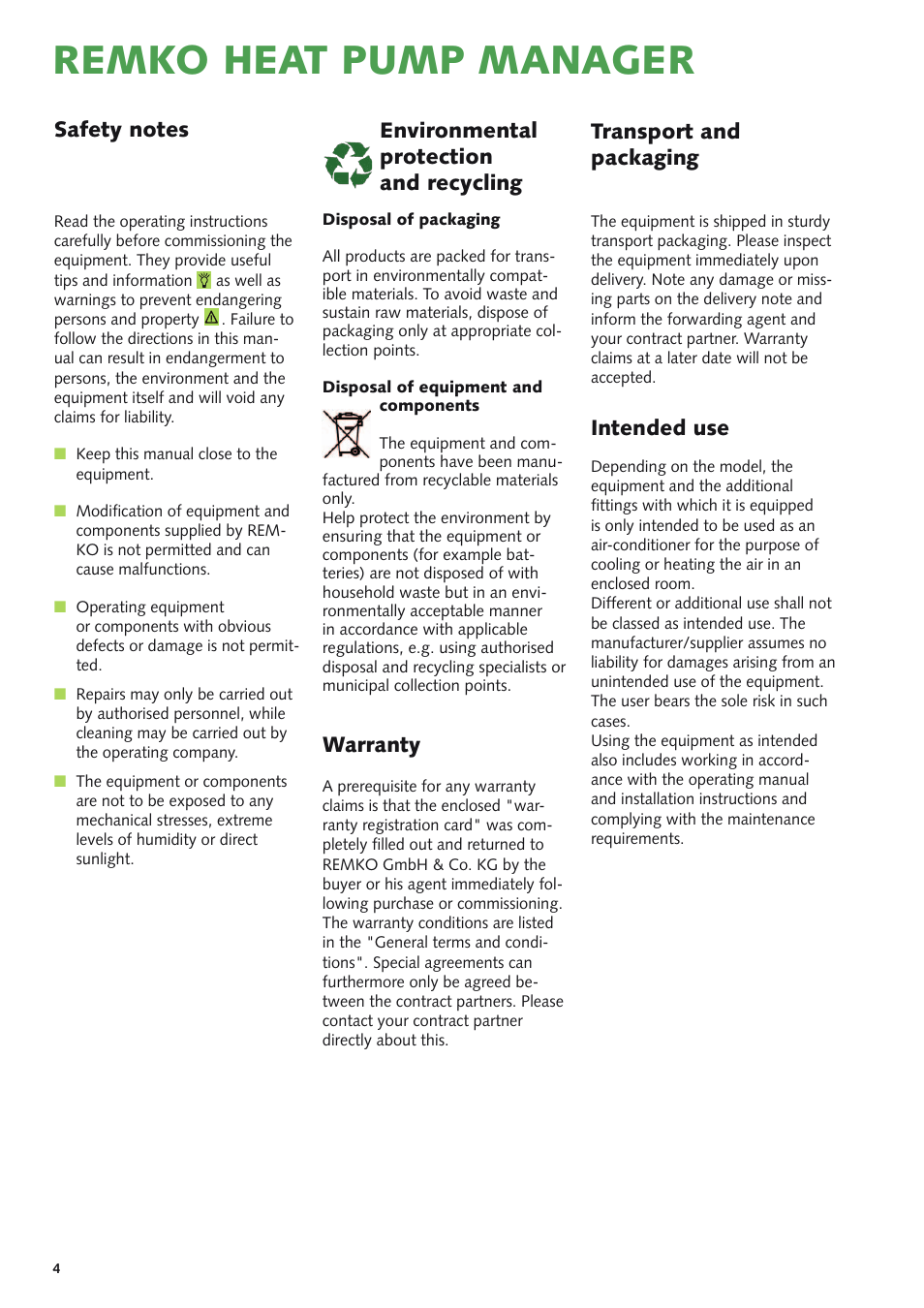 Remko heat pump manager, Environmental protection and recycling, Transport and packaging | Intended use | REMKO Multi-talent User Manual | Page 4 / 72