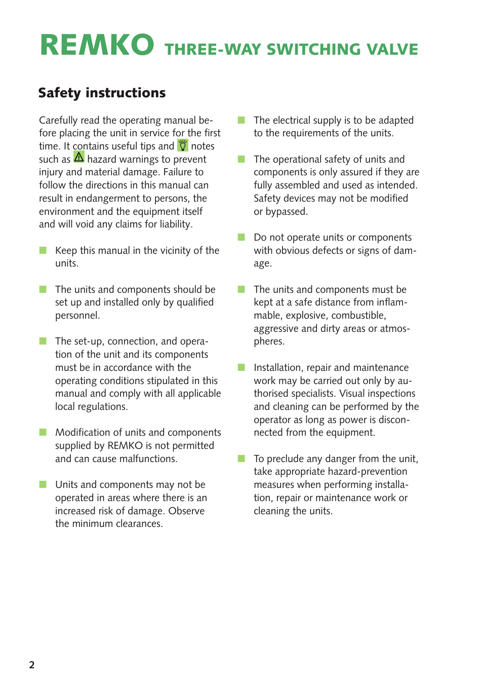 Remko, Three-way switching valve, Safety instructions | REMKO DN 25 User Manual | Page 2 / 12