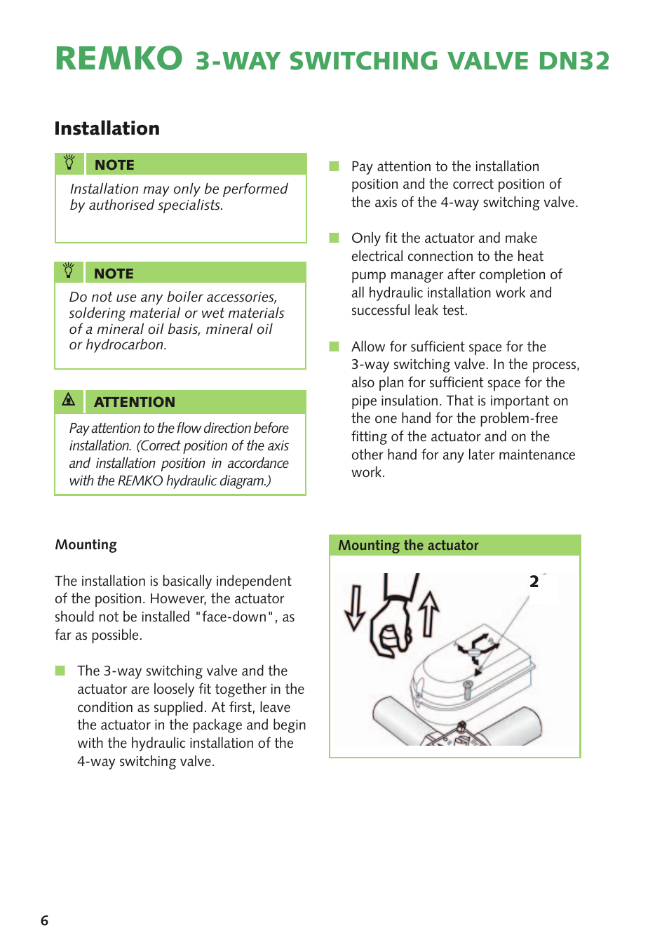 Remko, Way switching valve dn32, Installation | REMKO DN 32 User Manual | Page 6 / 12