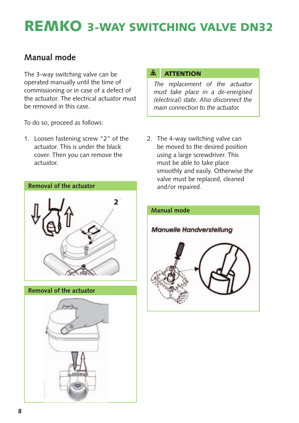 Remko, Way switching valve dn32, Manual mode | REMKO DN 32 User Manual | Page 8 / 12