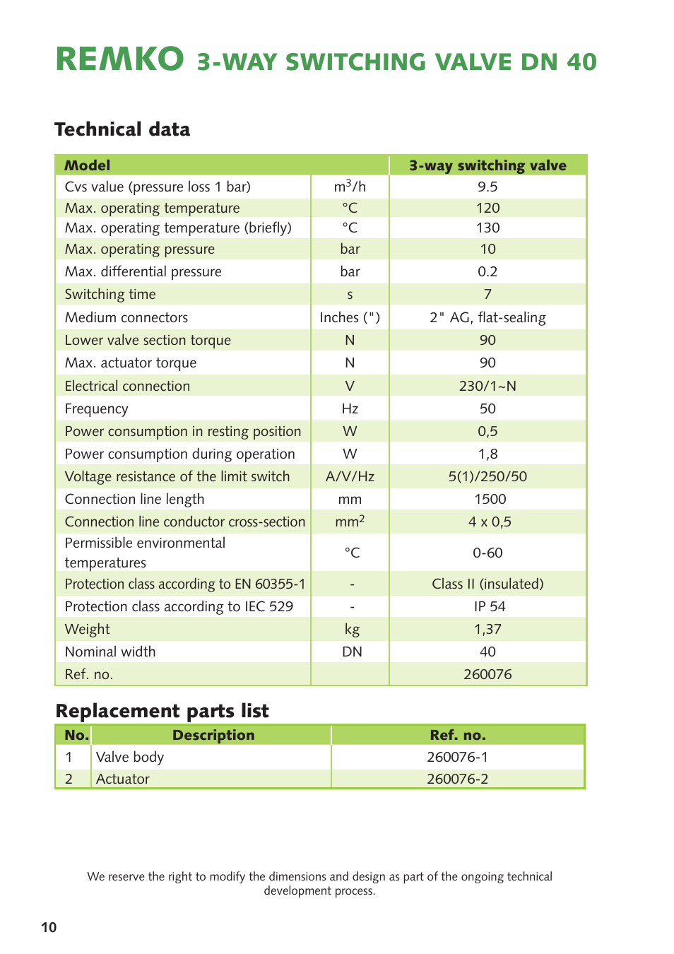 Remko, Way switching valve dn 40, Technical data | Replacement parts list | REMKO DN 40 User Manual | Page 10 / 12