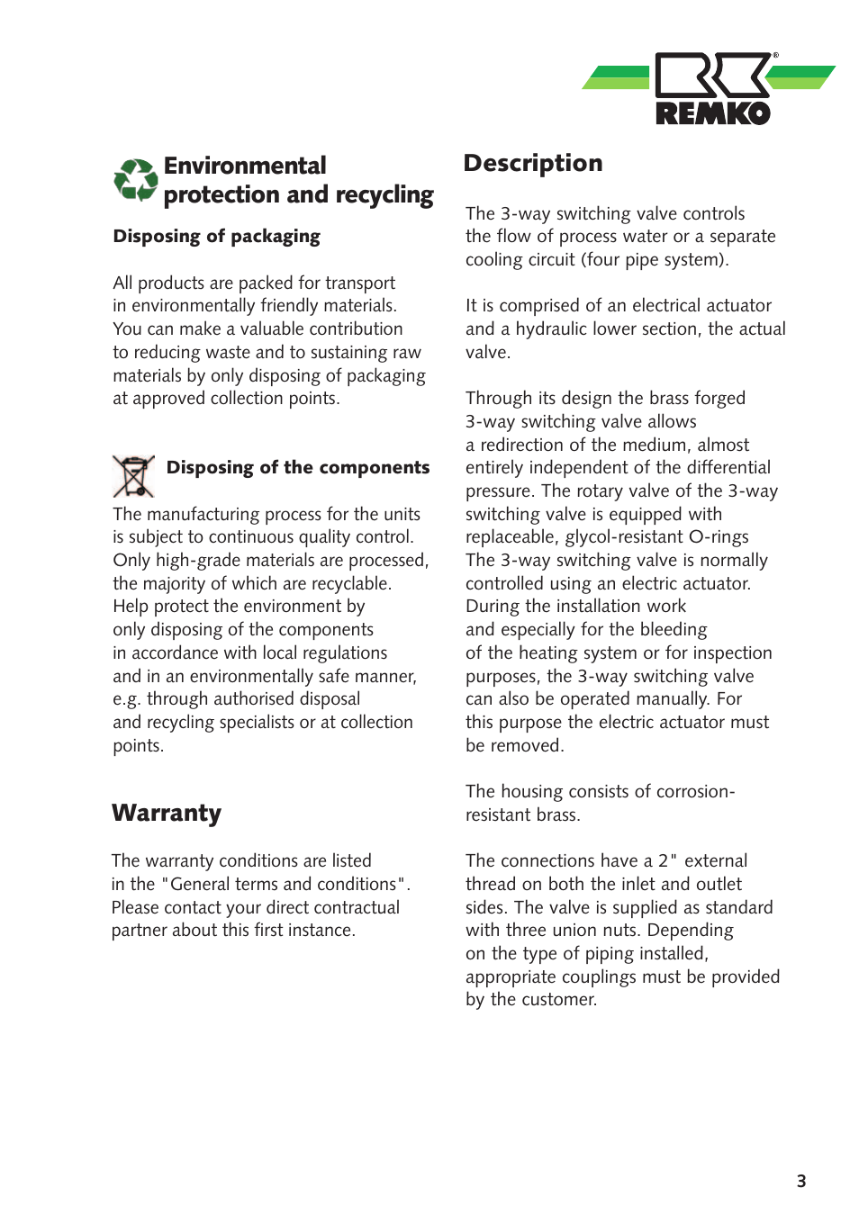 Description, Warranty, Environmental protection and recycling | REMKO DN 40 User Manual | Page 3 / 12