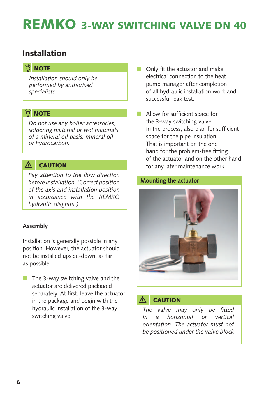 Remko, Way switching valve dn 40, Installation | REMKO DN 40 User Manual | Page 6 / 12