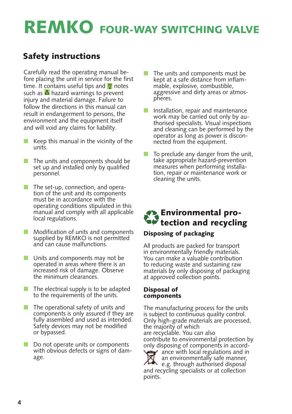 Remko, Four-way switching valve, Safety instructions | Environmental pro- tection and recycling | REMKO 4-Way Switching Valve User Manual | Page 4 / 12