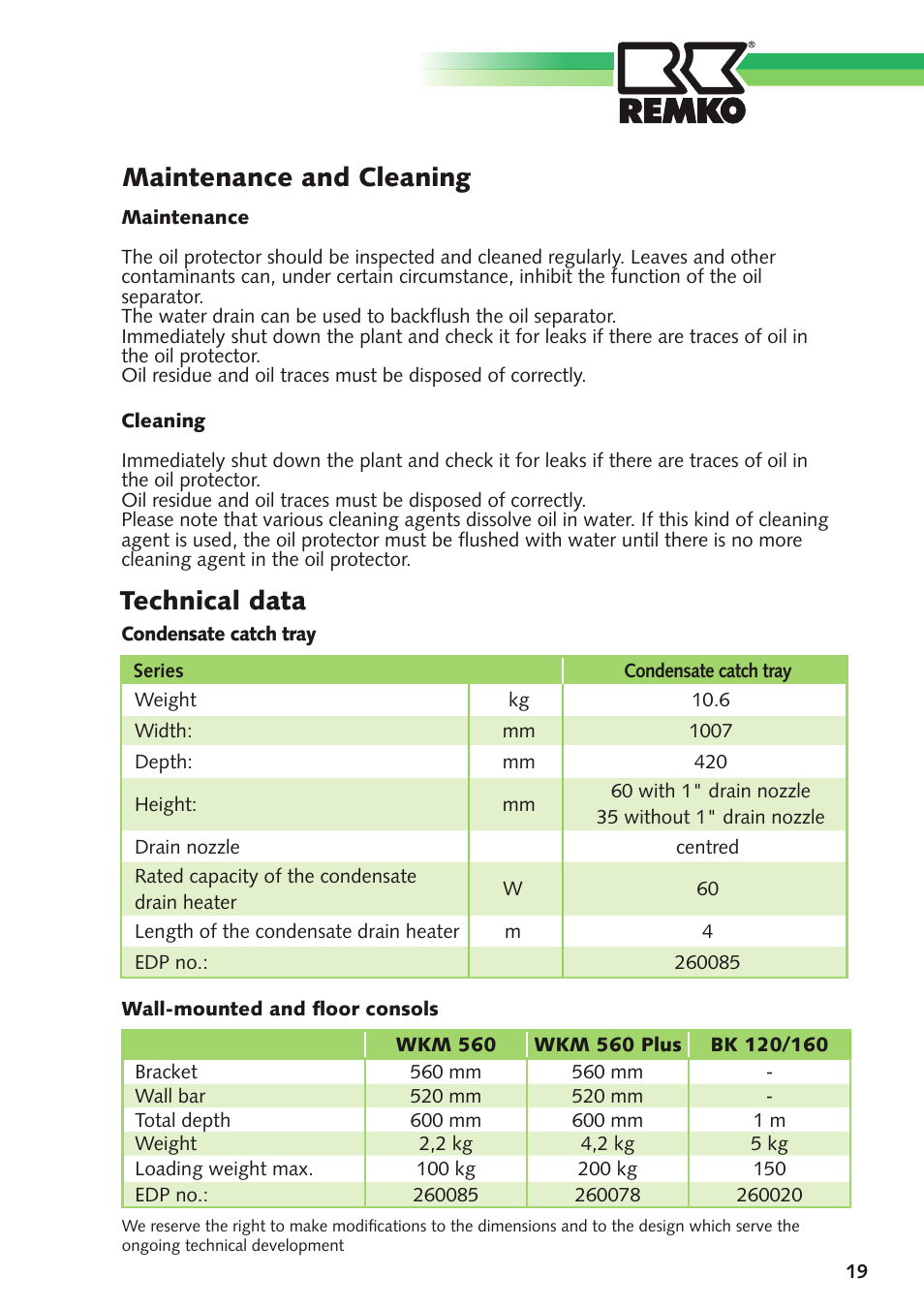 Maintenance and cleaning, Technical data | REMKO Condensate Catch Tray With Oil Separator User Manual | Page 19 / 20