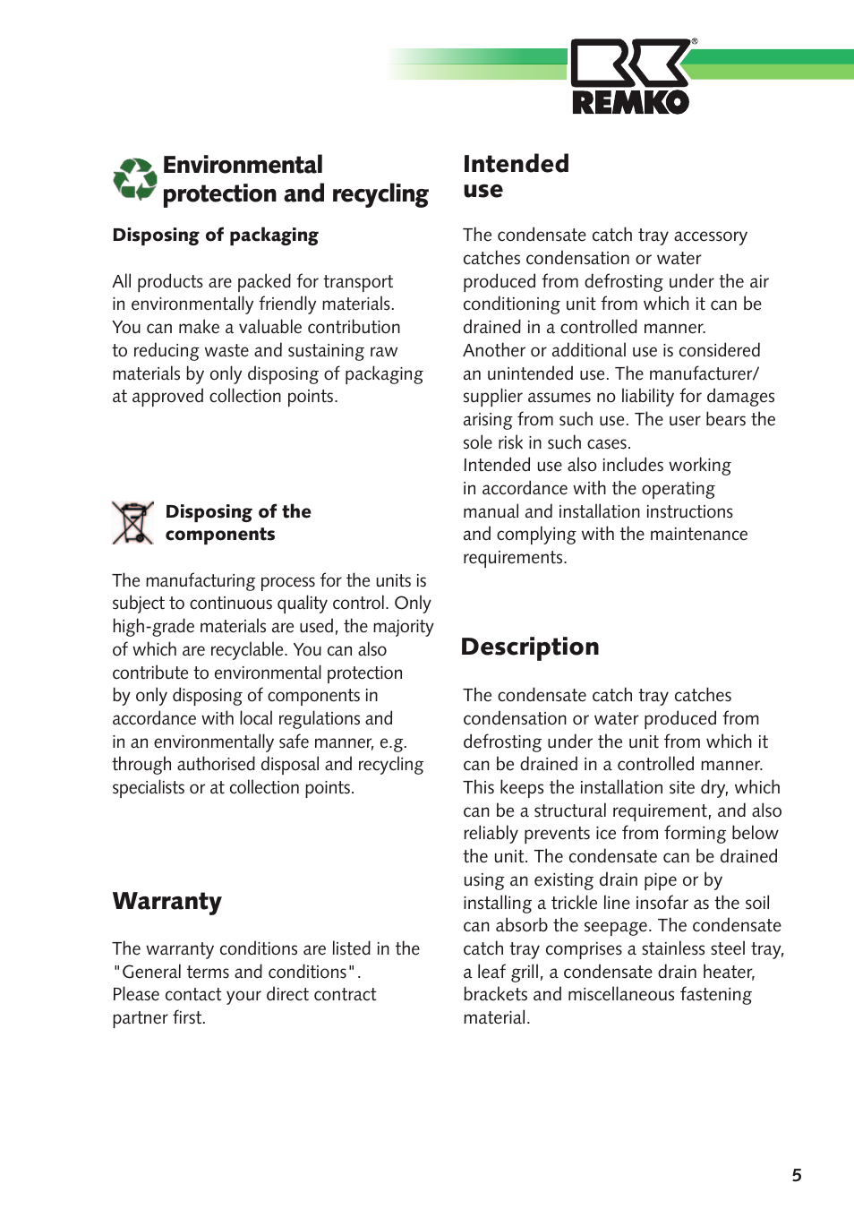 Description warranty, Environmental protection and recycling, Intended use | REMKO Condensate Catch Tray With Oil Separator User Manual | Page 5 / 20