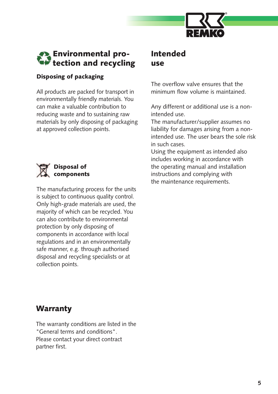 Warranty, Environmental pro- tection and recycling, Intended use | REMKO Differential pressure overflow valve User Manual | Page 5 / 12