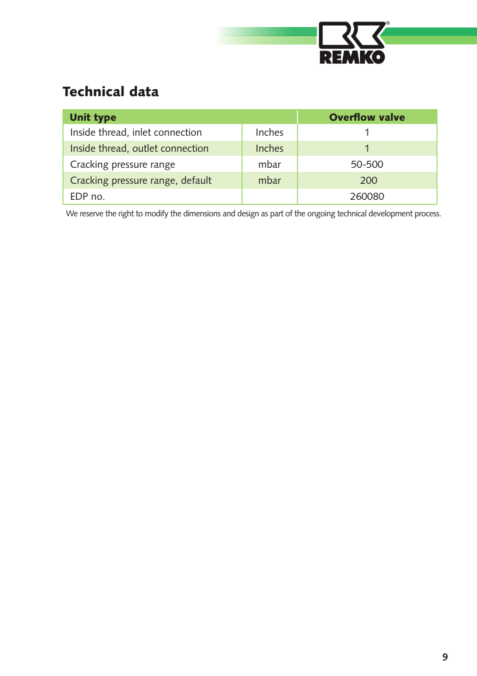 Technical data | REMKO Differential pressure overflow valve User Manual | Page 9 / 12
