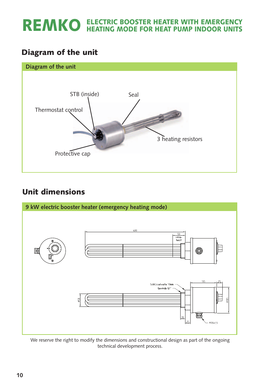 Remko, Unit dimensions, Diagram of the unit | REMKO Elektric Booster Heater with Emergency Heating Switch User Manual | Page 10 / 12