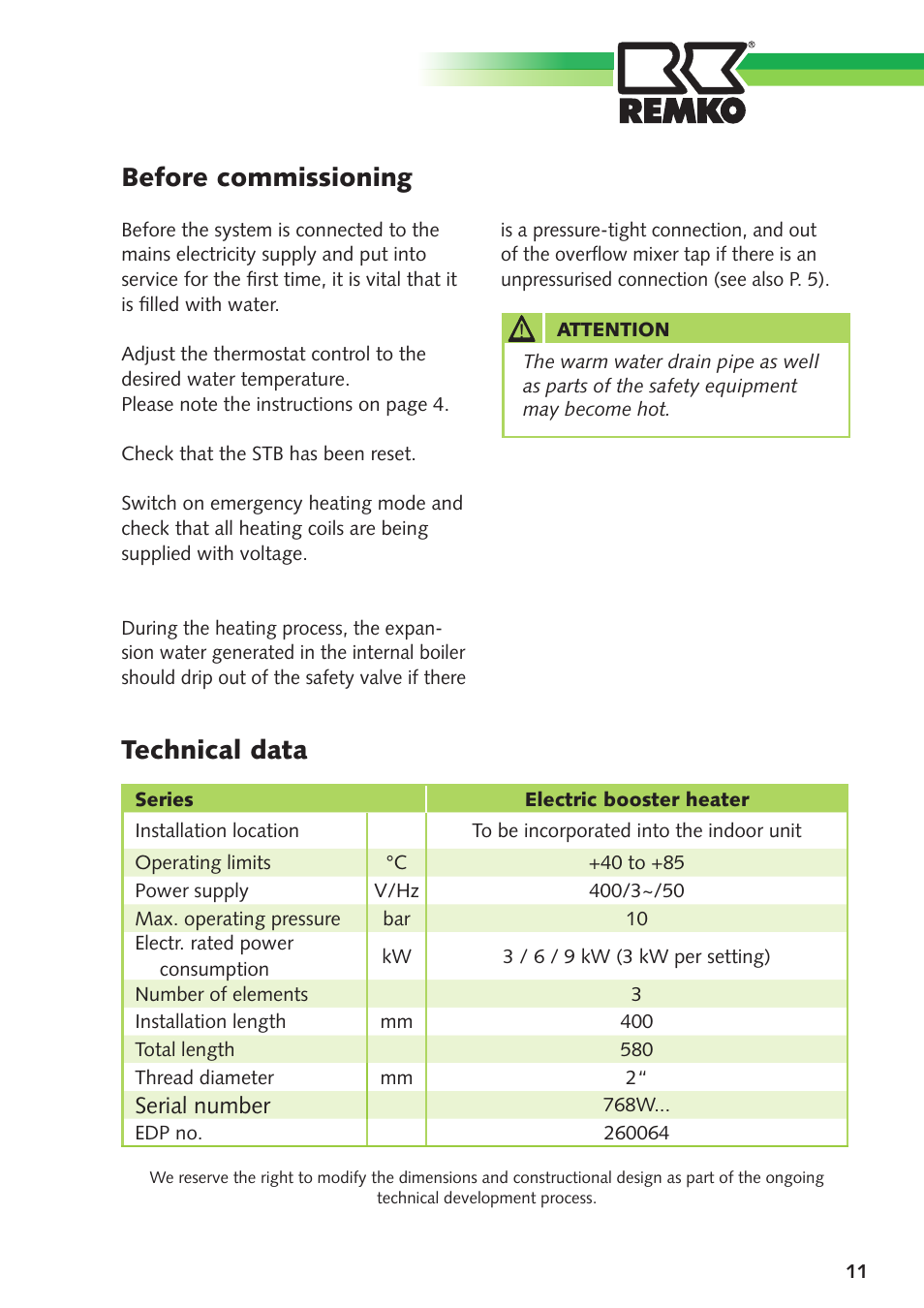 Before commissioning, Technical data | REMKO Elektric Booster Heater with Emergency Heating Switch User Manual | Page 11 / 12