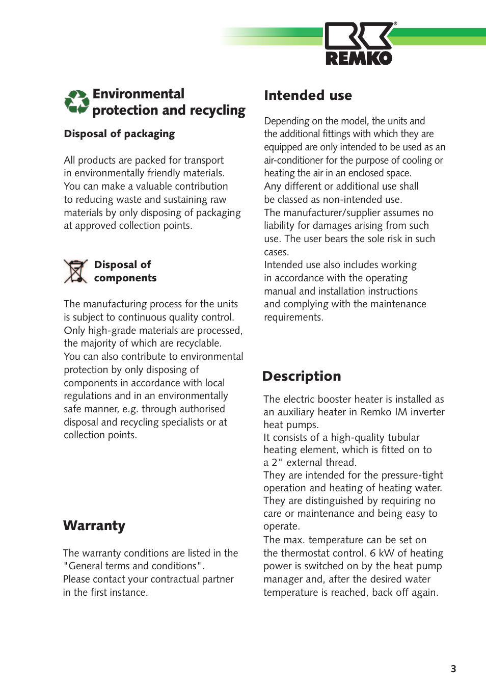 Description, Warranty, Environmental protection and recycling | Intended use | REMKO Elektric Booster Heater with Emergency Heating Switch User Manual | Page 3 / 12