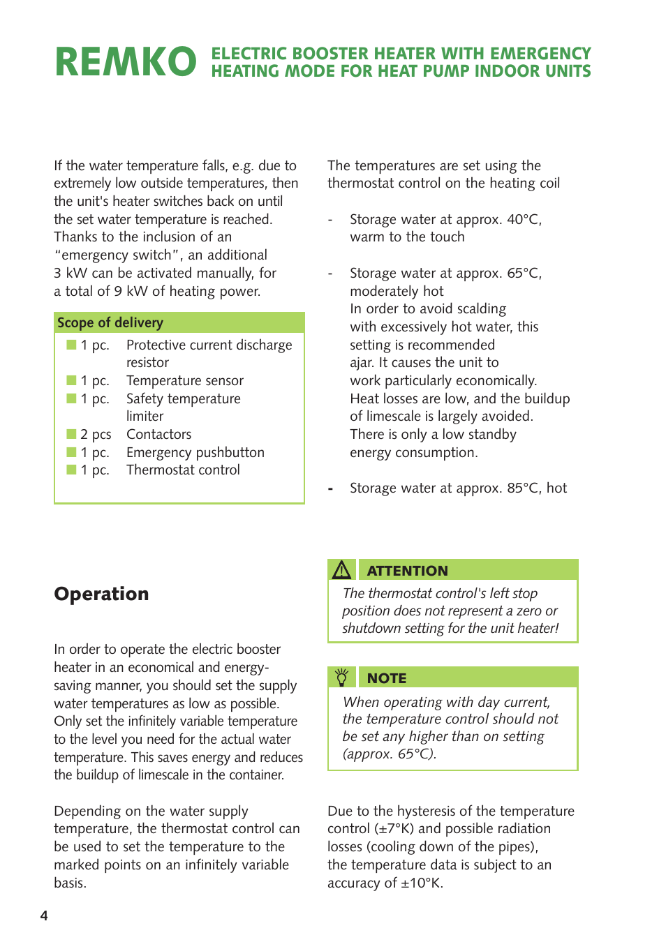 Remko, Operation | REMKO Elektric Booster Heater with Emergency Heating Switch User Manual | Page 4 / 12